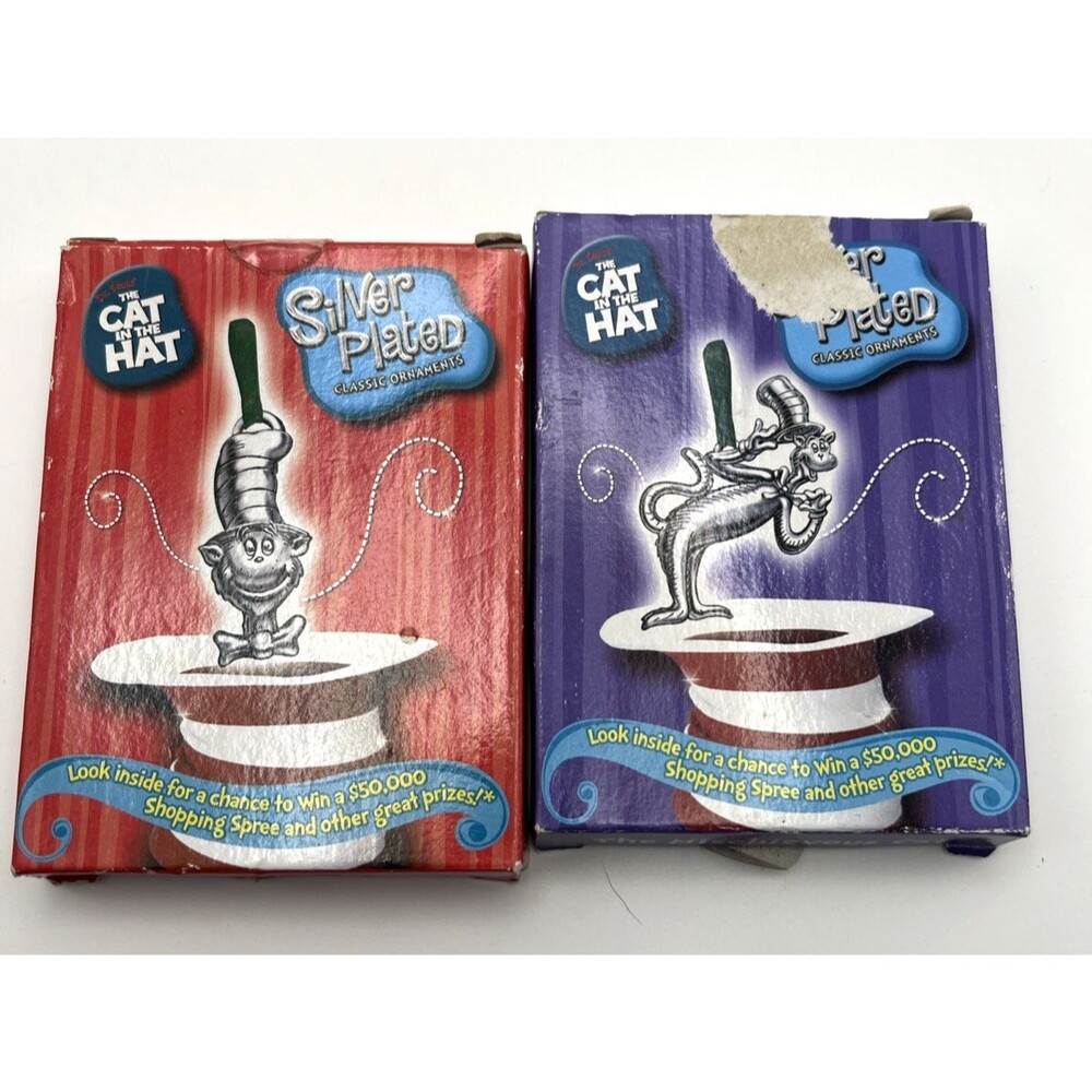 Lot of 2: Dr. Seuss Cat In The Hat Silver Plated Classic & Mischievous Ornaments